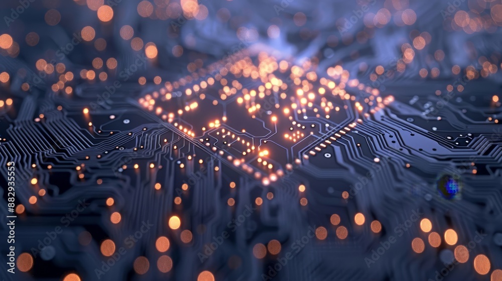 Poster highly detailed hyper realistic close up of glowing computer chip circuitry with intricate design