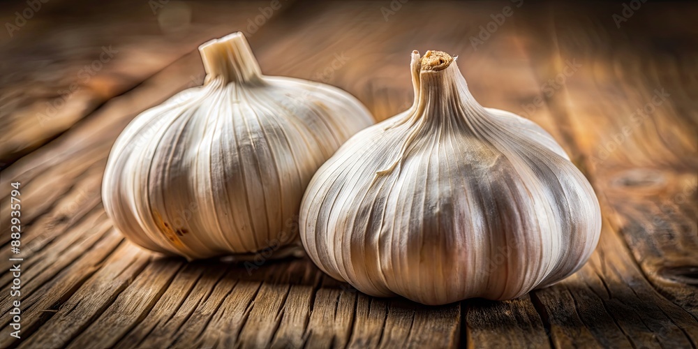 Wall mural Close-up of two plump garlic cloves with dry skin on rustic wooden table, garlic, cloves, close-up, food, organic, ingredient