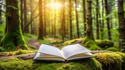 Book with blank cover and empty pages perched on a mossy log in a tranquil forest , wilderness, nature, literature, concept