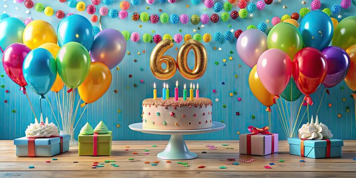 Celebrating a 60th birthday with balloons, cake, and decorations, senior, milestone, party, sixtieth, anniversary