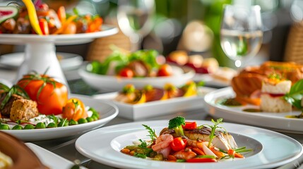 Luxurious Dining Experience: Close-Up of Lavish Dining Table Set with High-End Cuisine Variety