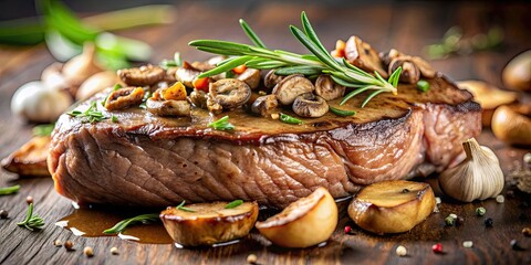 Close-up of a succulent steak topped with mushrooms and garnished with fresh rosemary, juicy, steak, mushrooms, rosemary, close-up