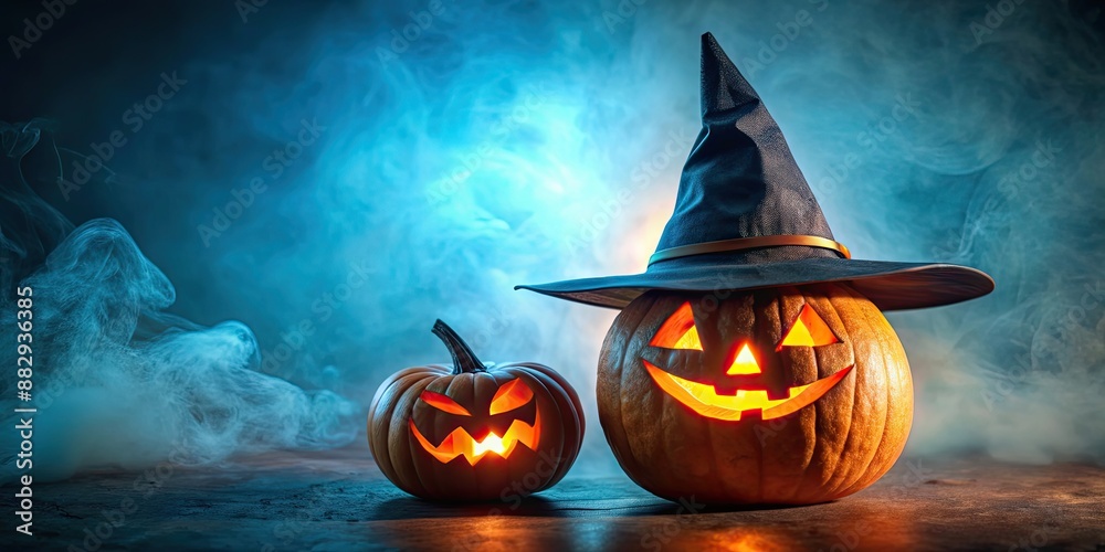 Wall mural Carved pumpkin with witch's hat beside a smaller pumpkin on misty blue-lit background , Halloween, pumpkin, carved