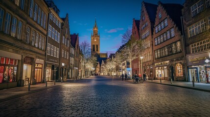Naklejka premium AI generator image of Munster, Germany at the night times,Photo Prinzipalmarkt shopping in a lively historical square Münster, Germany at night and the northern lights are very bright and beautiful.