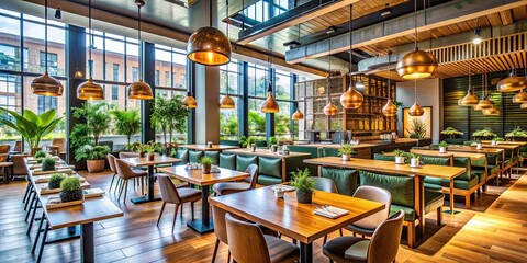 Fototapeta premium Busy and vibrant interior of a modern restaurant, dining, tables, chairs, decor, lighting, comfortable, trendy