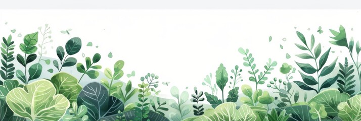 Lush Green Doodle Plants and Hills on White - 3D Illustration of Vibrant Nature, Botanical Design Background