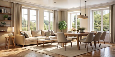Fototapeta premium Beige home living room interior with dining table, cozy seating area, and large window, beige, home