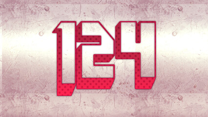 Cute 3d bold outline pink number design of 124 on white background.