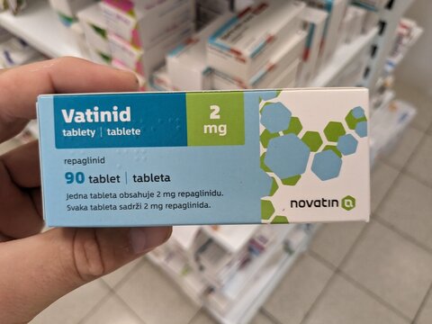 Prague, Czech Republic - July 10 2024: VATINID box of medication with REPAGLINIDE active substance by TEVA, used for treatment of type 2 diabetes and blood sugar control.