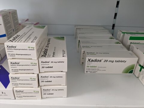 Prague, Czech Republic - July 10 2024: XADOS box of medication with BILASTINE active substance by ALMIRALL, used for treatment of allergic rhinitis and chronic urticaria.