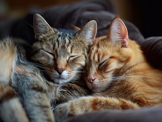 Two cats lying hugging