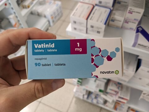 Prague, Czech Republic - July 10 2024: VATINID box of medication with REPAGLINIDE active substance by TEVA, used for treatment of type 2 diabetes and blood sugar control.