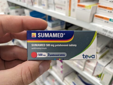 Prague, Czech Republic - July 10 2024: SUMAMED box of medication with AZITHROMYCIN active substance by TEVA, used for treatment of bacterial infections.