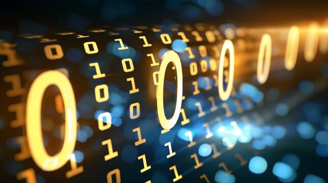 Vibrant neon binary code grid amidst abstract swirling shapes for a captivating digital display