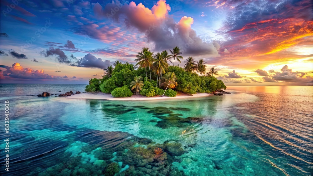 Poster Beautiful tropical island with white sandy beaches, crystal-clear waters