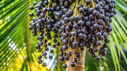 Close-up of ripe acai berries hanging from a palm tree , acai, berries, fruit, antioxidants, organic, superfood, healthy, tropical