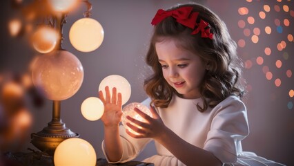A little girl in a white dress holding up some glowing balls, AI
