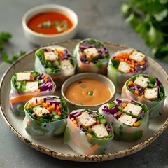 Fresh Spring Roll Platter with Veggie and Tofu Fillings and Peanut Sauce on Wooden Table