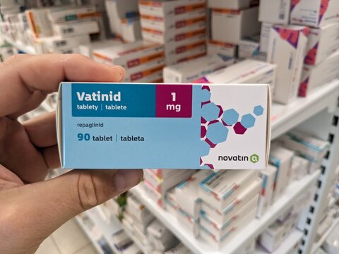 Prague, Czech Republic - July 10 2024: VATINID box of medication with REPAGLINIDE active substance by TEVA, used for treatment of type 2 diabetes and blood sugar control.
