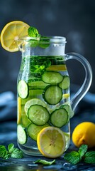 Fototapeta premium Refreshing Detox Water with Cucumber Lemon and Mint in a Clear Pitcher Healthy Food Concept