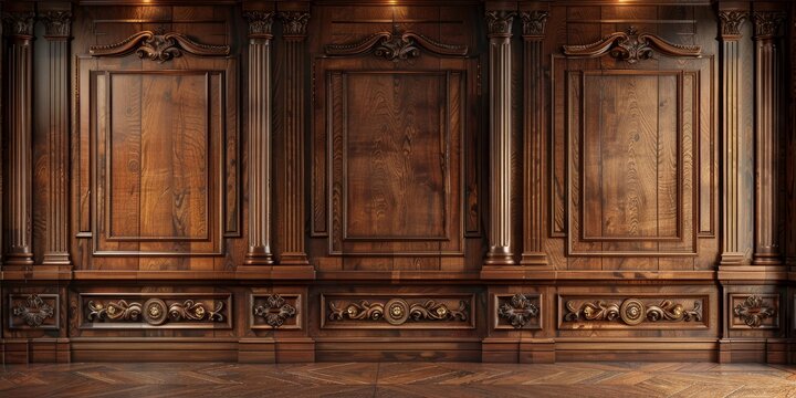 Classic premium luxury wood paneling wall background or texture. Highly crafted traditional wood paneling wall and floor, with a frame and column pattern, Extra wide format. Generative AI