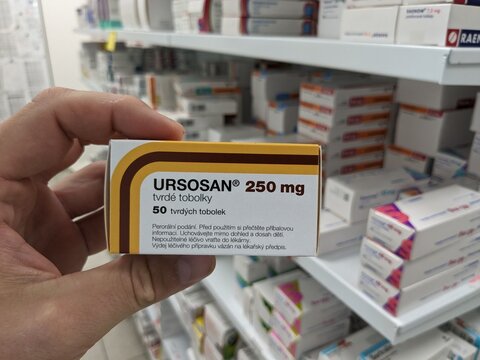 Prague, Czech Republic - July 10 2024: URSOSAN box of medication with URSODEOXYCHOLIC ACID active substance by PRO.MED.CS, used for treatment of gallstones and liver diseases.

