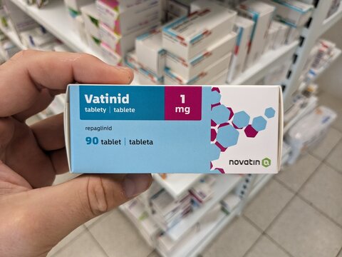 Prague, Czech Republic - July 10 2024: VATINID box of medication with REPAGLINIDE active substance by TEVA, used for treatment of type 2 diabetes and blood sugar control.