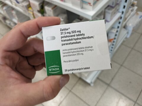 Prague, Czech Republic - July 10 2024: ZALDIAR box of medication with TRAMADOL and PARACETAMOL active substances by GRUNENTHAL, used for treatment of moderate to severe pain.