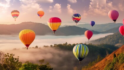 Obraz premium Colorful hot air balloons floating over a misty valley