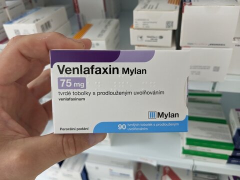 Prague, Czech Republic - July 10 2024: VENLAFAXIN MYLAN box of medication with VENLAFAXINE active substance by MYLAN, used for treatment of depression and anxiety disorders.