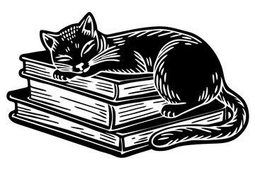  A cat napping on a stack of books. silhouette linocut vector illustration