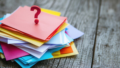 A stack of colorful sticky notes arranged with a vibrant red question mark sticker on the top