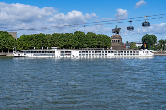 Koblenz, Germany - July 7, 2024: river cruise ship Viking Vali at Deutsches Eck in Koblenz