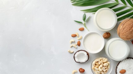 A glass bottle and glass of milk sit on a white table beside a bowl of coconut cream, half a coconut, and a bowl of hazelnuts