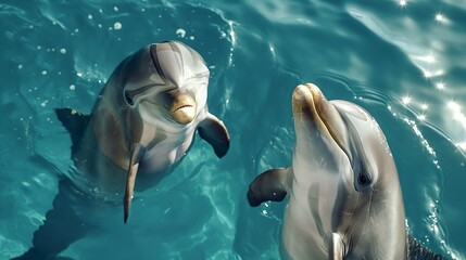dolphins pair of marine animals fish jumping show head above the water