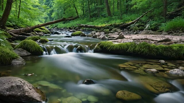Video animation of  tranquil stream flowing through a lush forest. The water appears smooth, likely due to a long exposure during the photograph