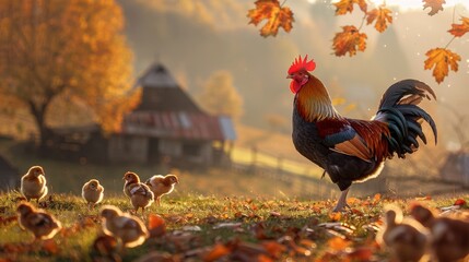 Beautiful rooster crowing with chicks in the farm This picturesque scene, the autumn countryside, is mesmerizing as the sun rises. The magic of early morning on the farm