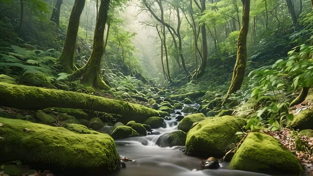 Video animation of  tranquil forest scene with a small stream flowing through it. The stream is lined with rocks covered in vibrant green moss