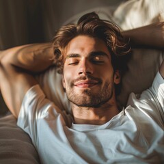 Happy man relaxing at home enjoy . and enjoy comfortable .his hand back and smile .