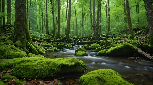 Video animation of serene forest scene with a small stream flowing through it. The forest floor is covered with vibrant green moss