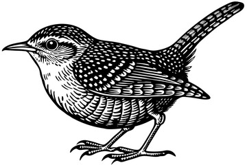  Beautiful bird Wren silhouette black linocut vector illustration