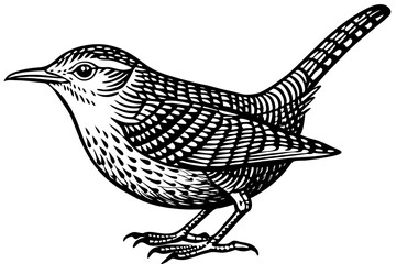  Beautiful bird Wren silhouette black linocut vector illustration