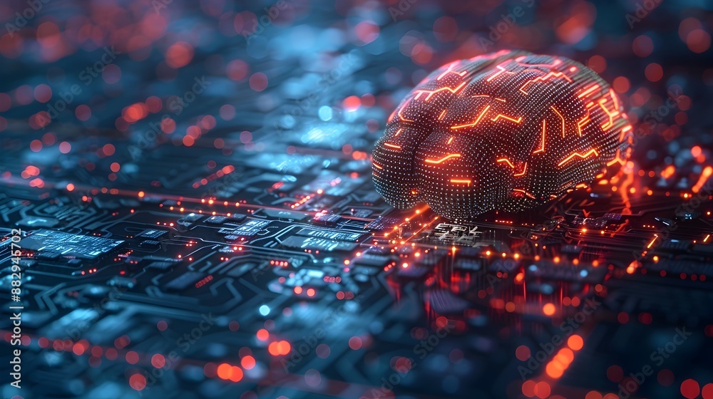 Poster glowing digital brain composed of circuit patterns representing artificial intelligence and technolo