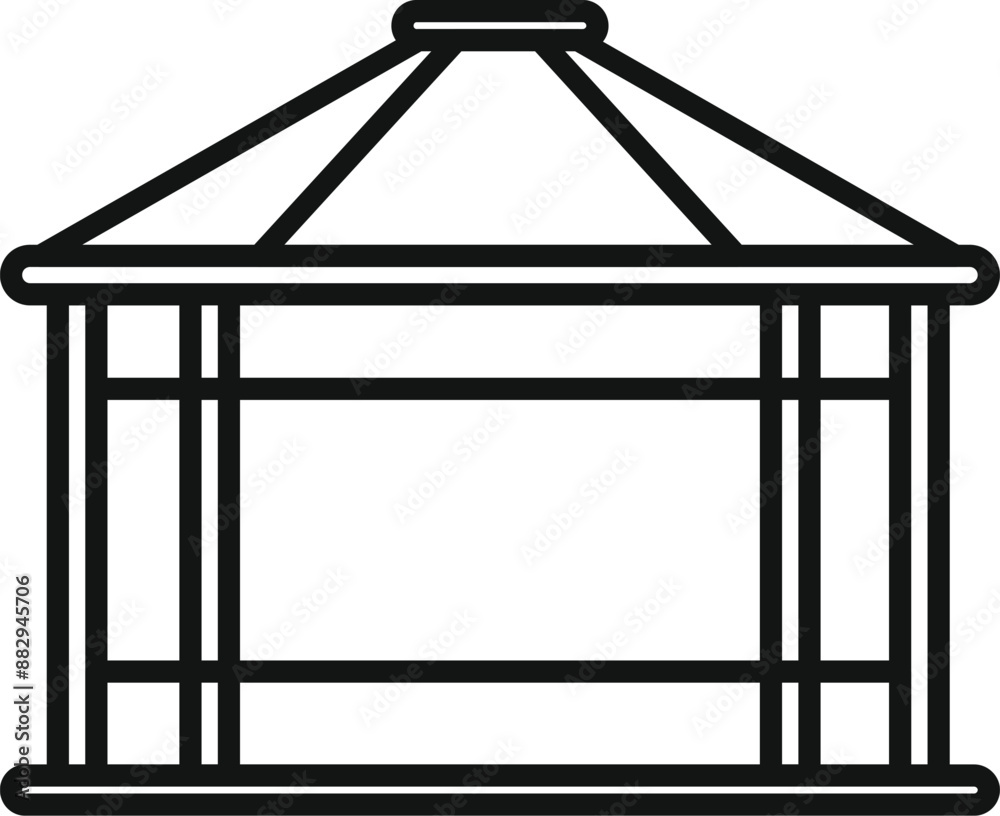 Poster Wooden gazebo with roof standing on green lawn for outdoor recreation