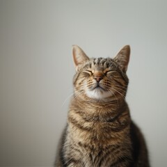 Obraz premium Peaceful Tabby Cat with Closed Eyes Against a Minimalist Background, Capturing Serenity and Calmness in a Simple and Elegant Portrait