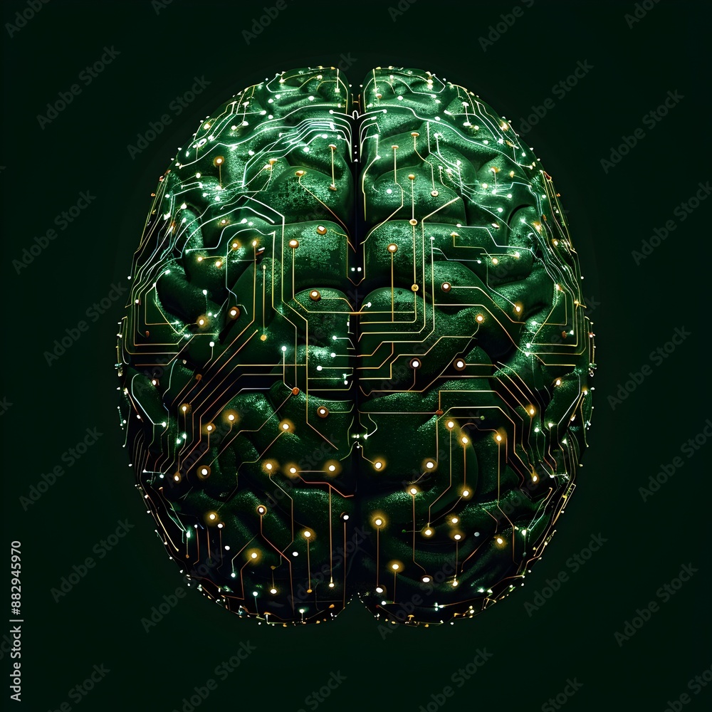 Poster futuristic brain with circuit board patterns symbolizing the technological interface between humans 