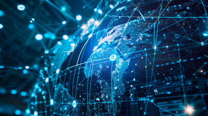Obraz premium Digital image of icons depicting a globe, a light, and a network. The concept of global connection, data processing, and technology is conveyed in this image.