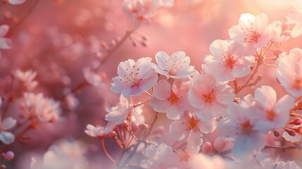 Obraz premium Beautiful Close-Up of Cherry Blossoms in Full Bloom with Soft Sunlight and Delicate Pink Petals in a Serene Spring Setting
