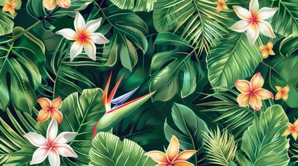 Beach cheerful seamless pattern wallpaper of tropical palm green leaves