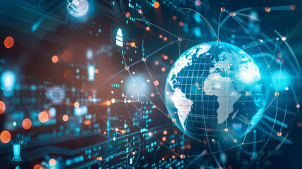 Fototapeta premium Digital image of icons depicting a globe, a light, and a network. The concept of global connection, data processing, and technology is conveyed in this image.